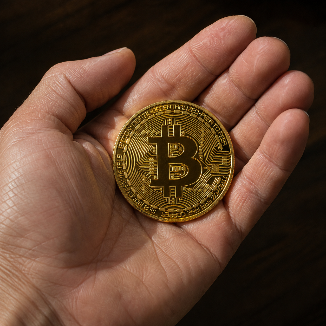 Close view of the real gold Bitcoin commemorative coin