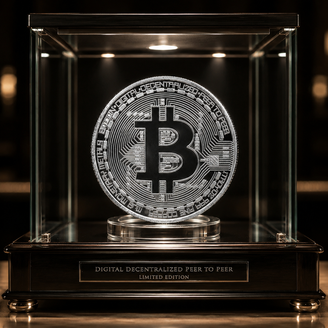 Silver Bitcoin commemorative coin in an illuminated display case