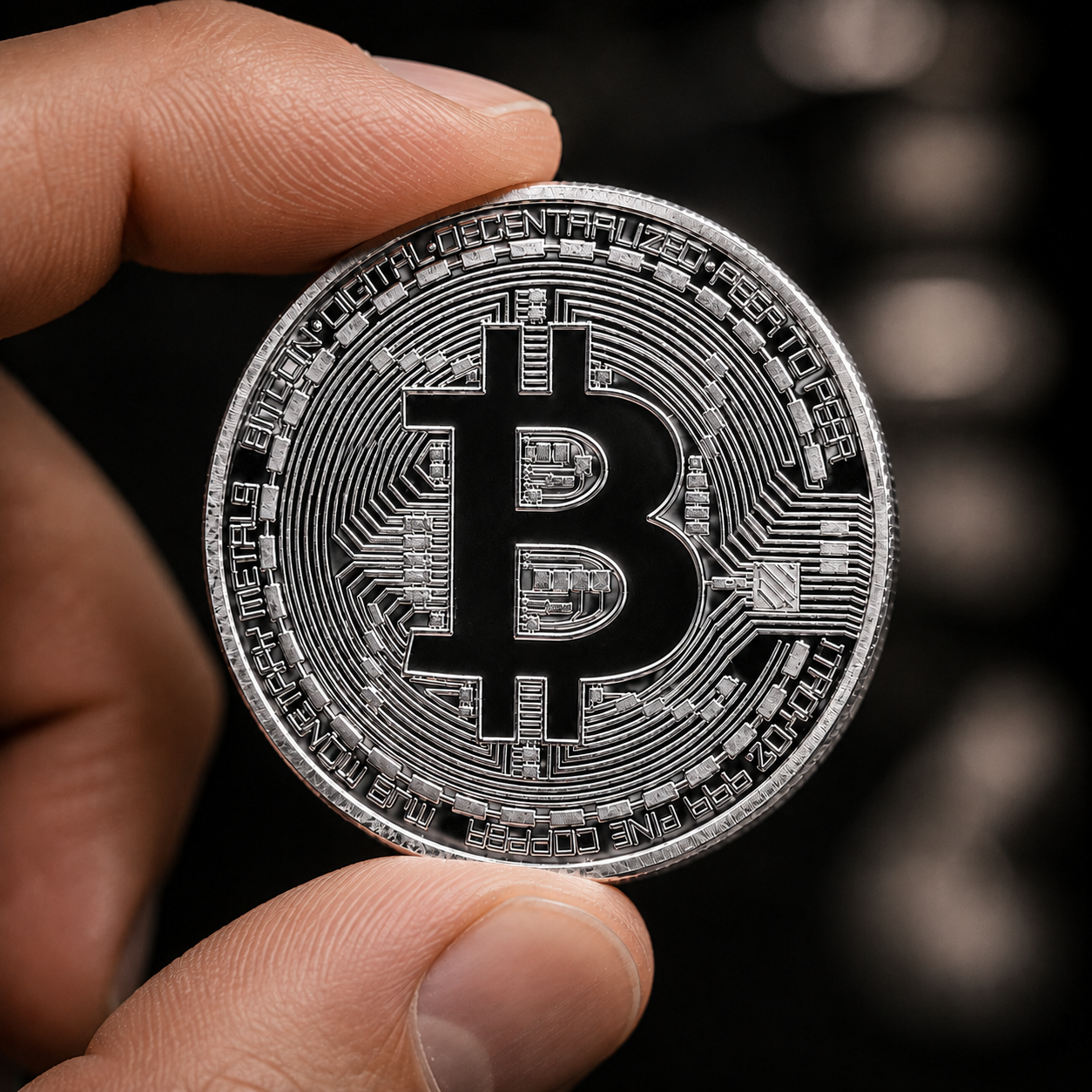 Silver Bitcoin commemorative coin held in a hand